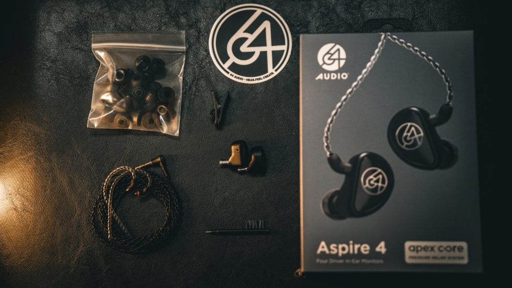 64 Audio Aspire 4 retail box with all included accessories warm over leather padding