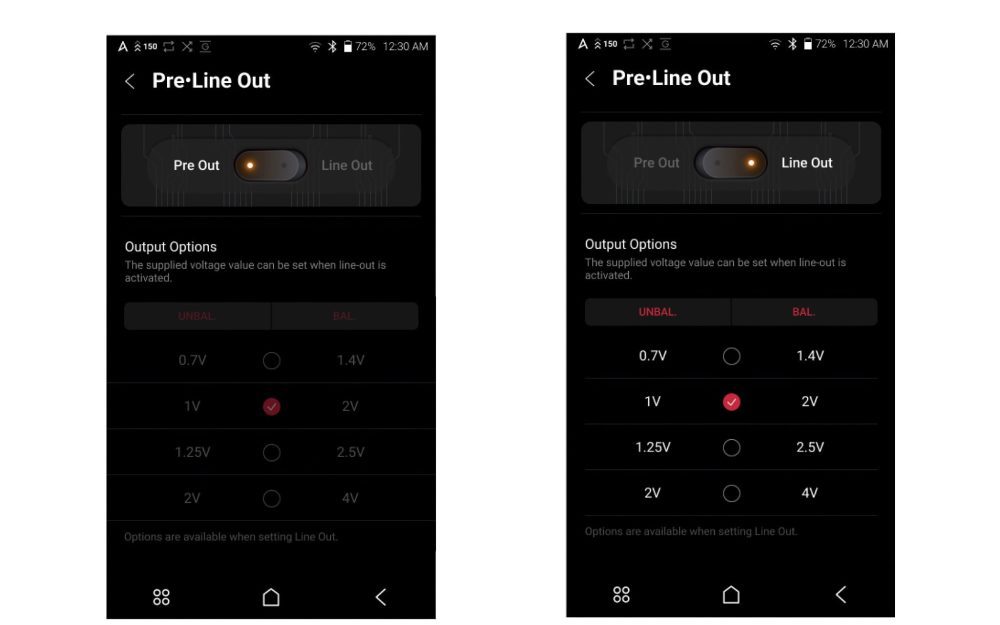 A&K KANN series UI screenshot line out and pre out controls