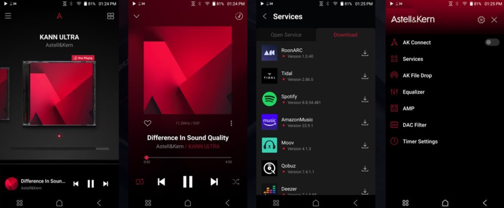 Astell&Kern KANN Ultra interface screenshots highlighting Crimson UI and AK File Drop feature