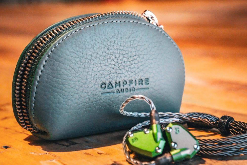 Campfire Audio Andromeda 2019 green leather case with earphones and attached cable from Bloom Audio gallery