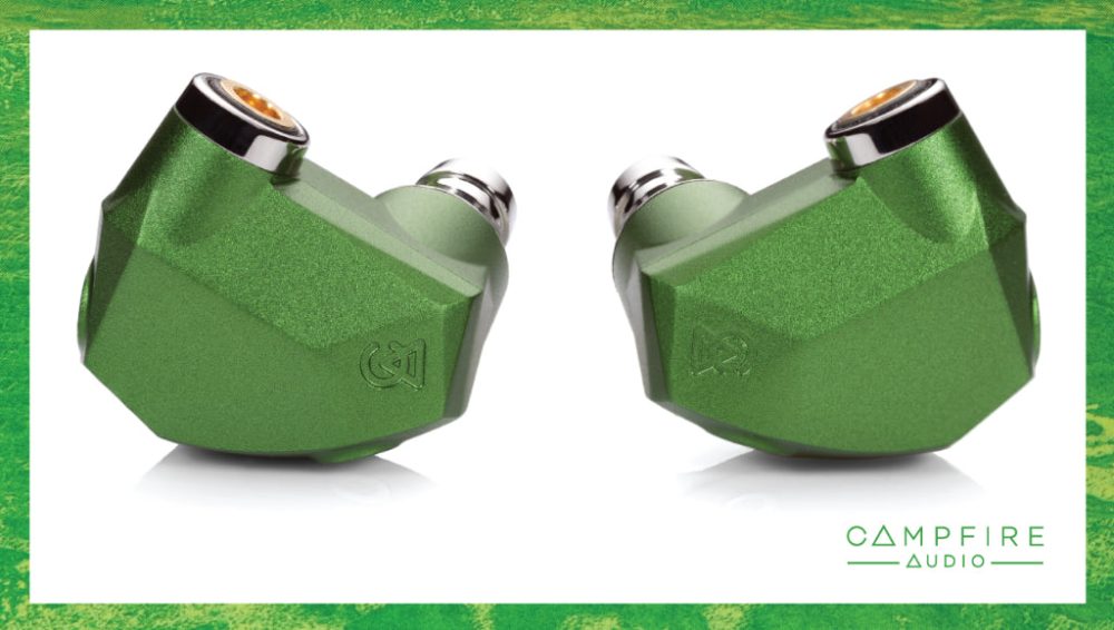 Campfire Audio Andromeda 2023 earphone pair with green decorative border and brand logo