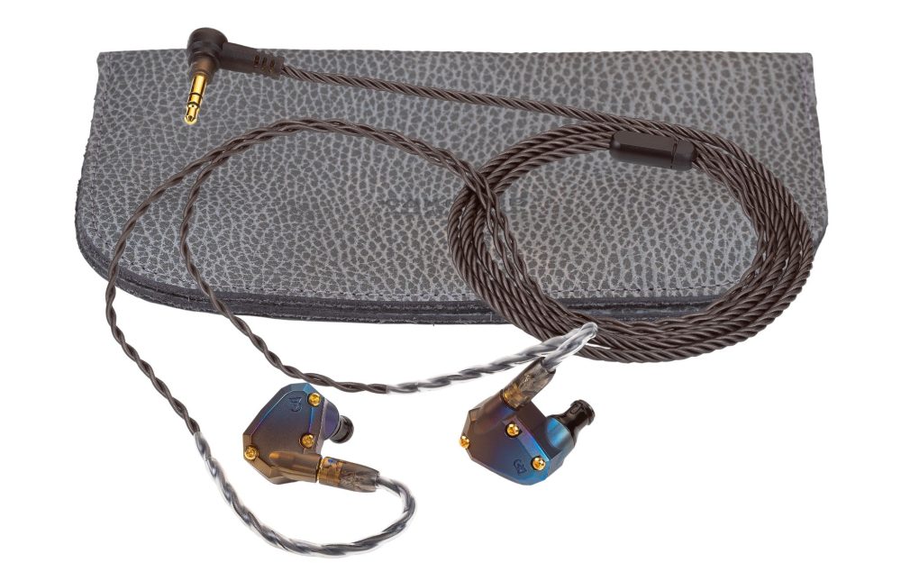 Campfire Audio Moon Rover earphones with attached stock cable and leather bifold