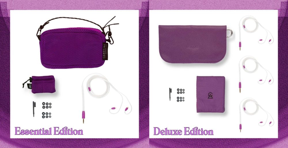 Campfire Audio Bonneville purple essential and deluxe accessory package options with purple frame