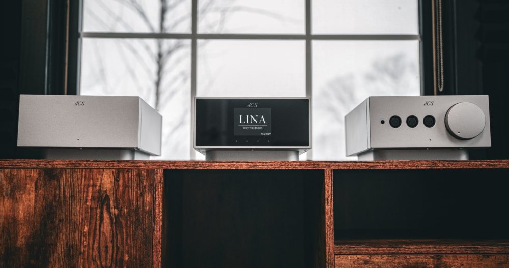 dCS Lina Clock, DAC and Amp silver front not stacked on wood cabinet