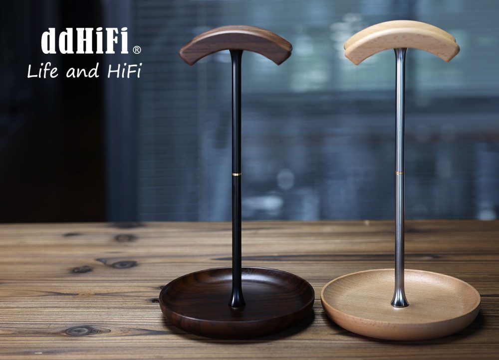 ddHiFi HS270W light and dark stands side-by-side eye level on wood table with white logo