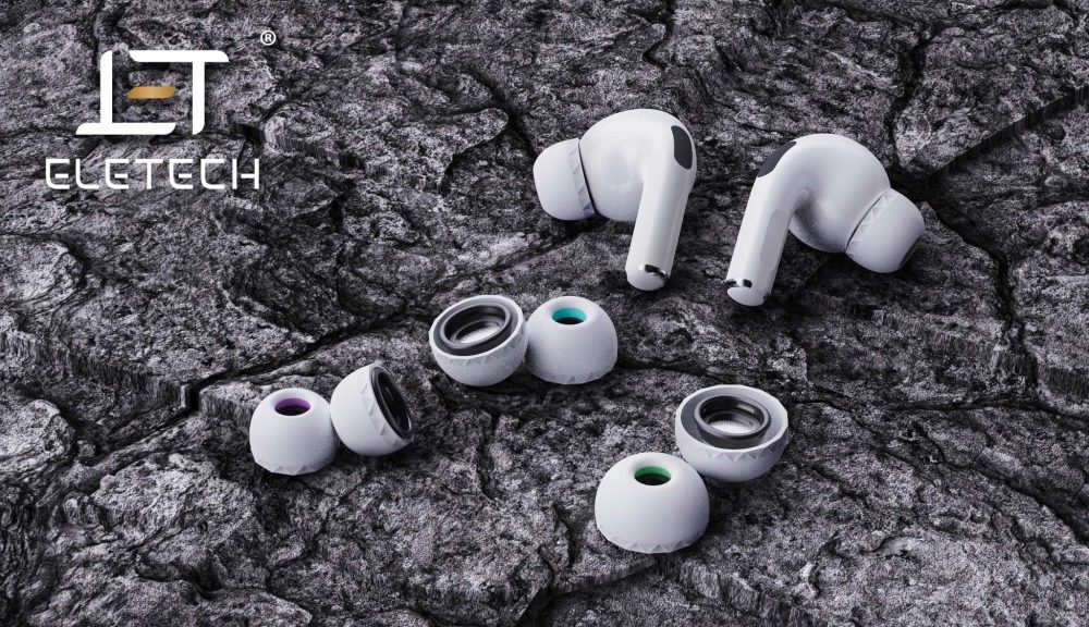 Eletech Baroque assorted eartips with Apple Airpods Pro over volcanic rock with logo