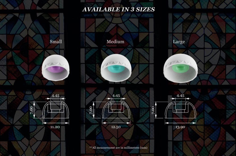 Eletech Baroque TWS size diagram over stained glass background