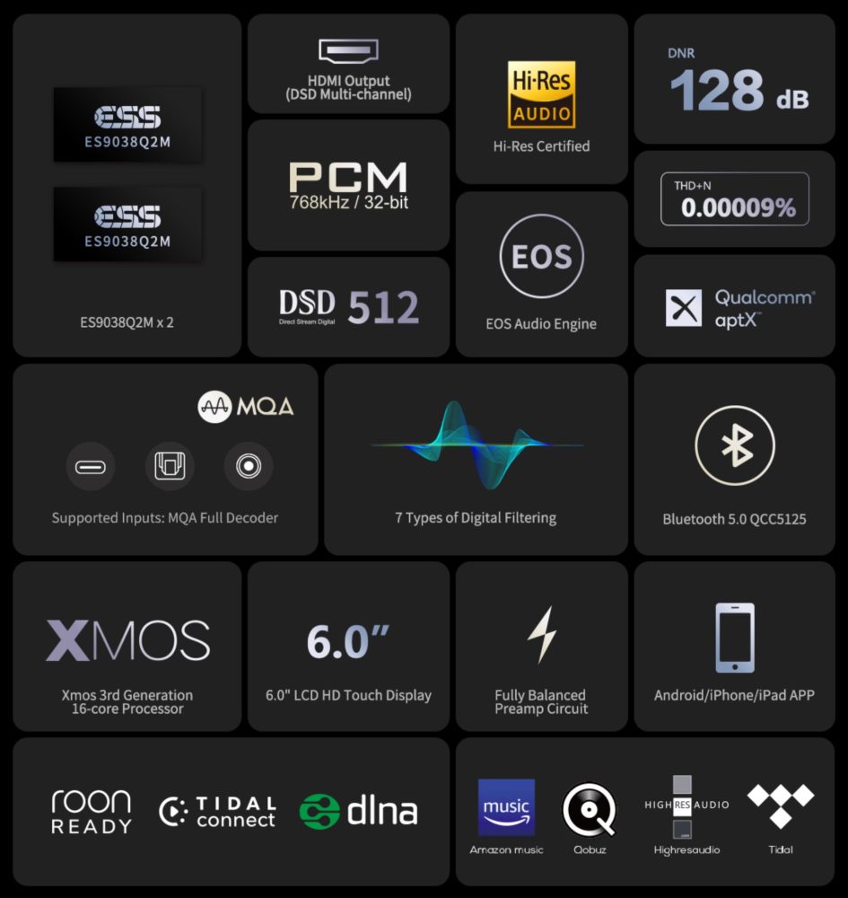 EverSolo DMP-A6 full features diagram with icons and brand logos