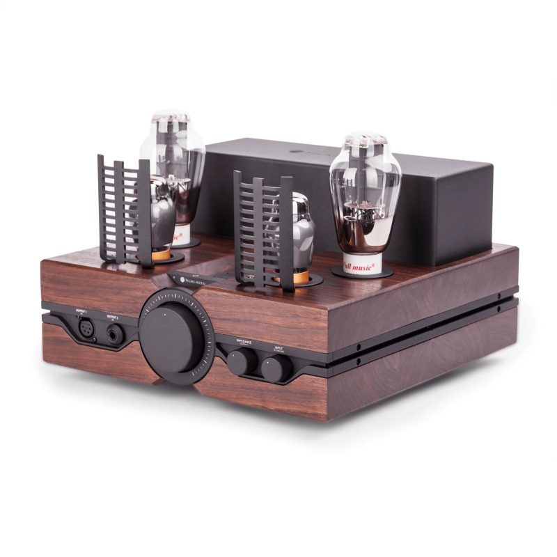 Feliks Audio Envy walnut front right 3 quarter over white background