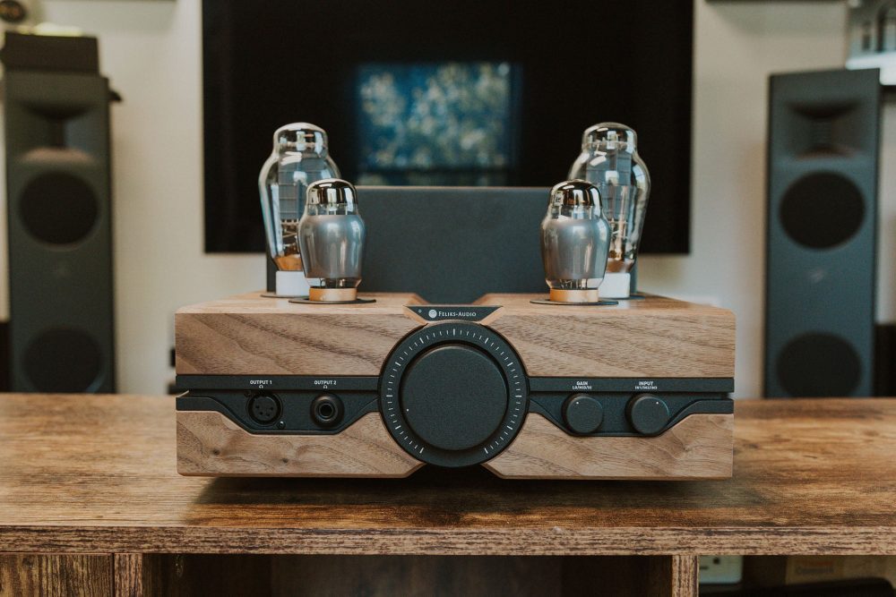 Feliks audio envy front view sitting on wood table