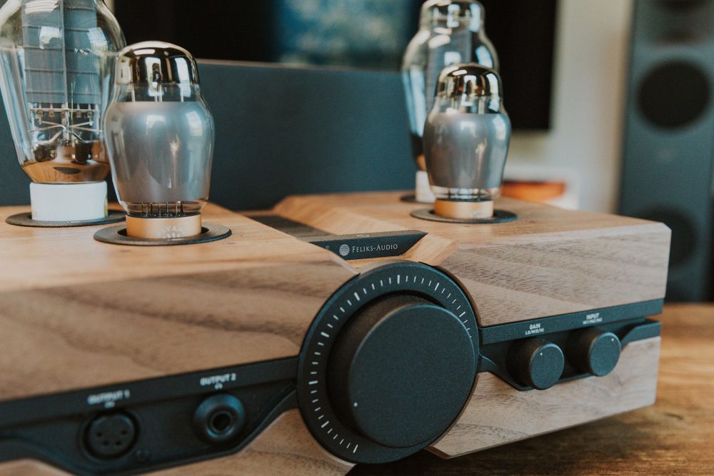 Feliks audio envy closeup in oak finish sitting on wood table