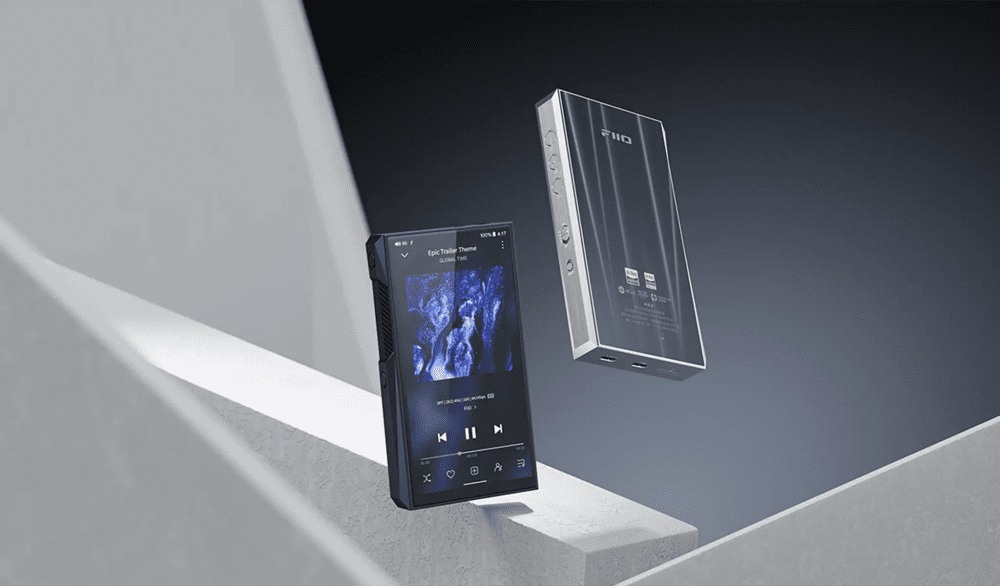 FiiO M23 DAP stainless steel and deep blue floating with white and blue background