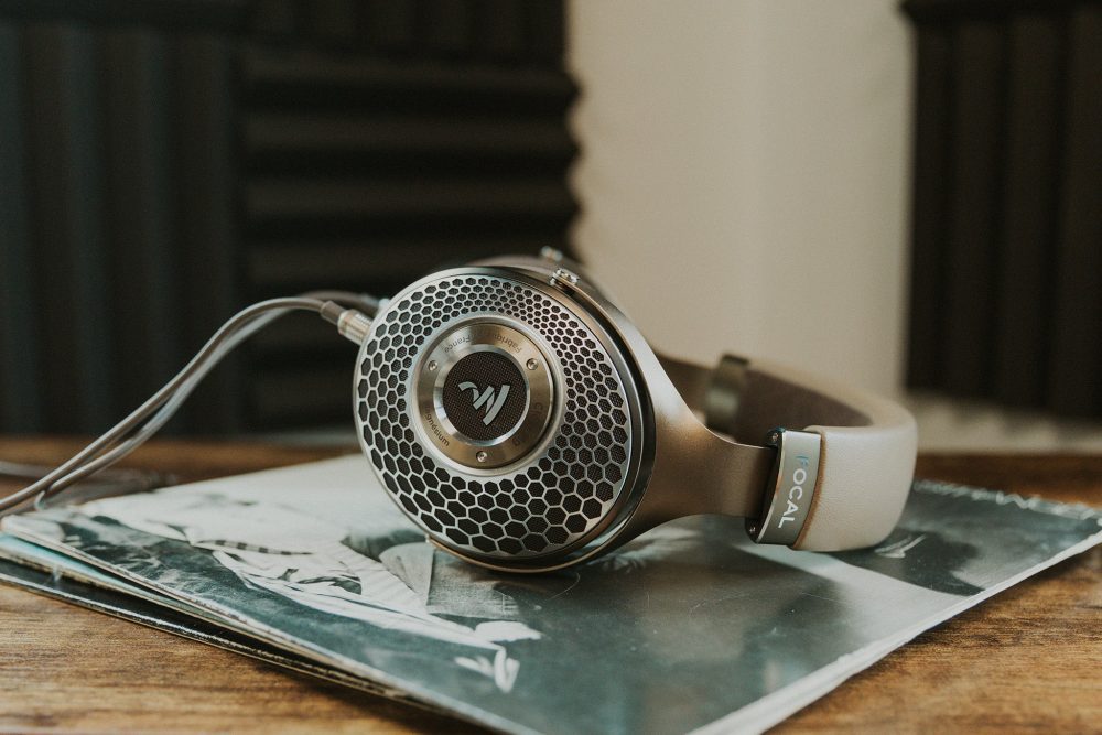 Focal clear mg headphone side view sitting on vinyl record