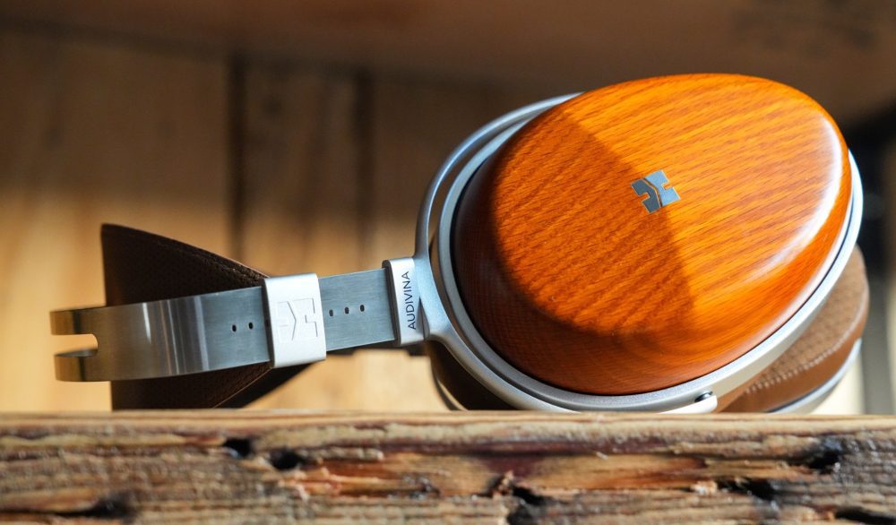 HiFiMAN Audivina headphone profile on wooden shelf from Bloom Audio gallery