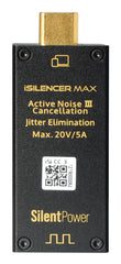 iFi iSilencer Max bottom, portrait highlighting printed specs