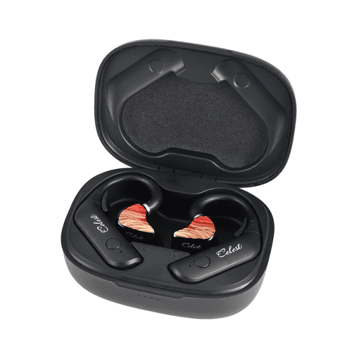 Kinera Celest T1 earhooks attached to red IgniteX Beast IEMs in stock charging case whitebox