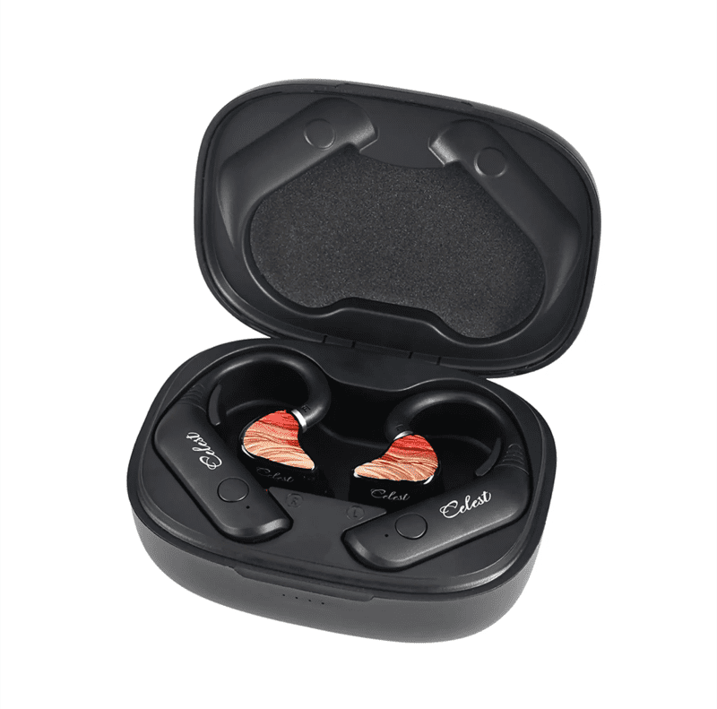 Kinera Celest T1 earhooks attached to red IgniteX Beast IEMs in stock charging case whitebox