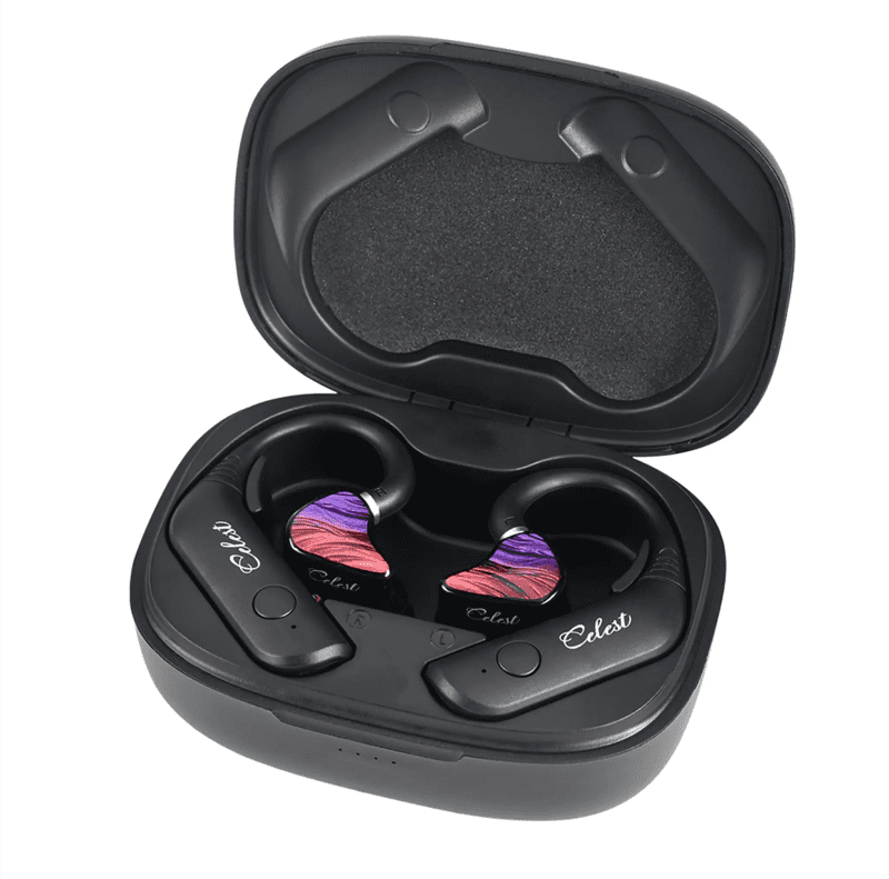 Kinera Celest T1 earhooks attached to purple IgniteX Beast IEMs in stock charging case whitebox