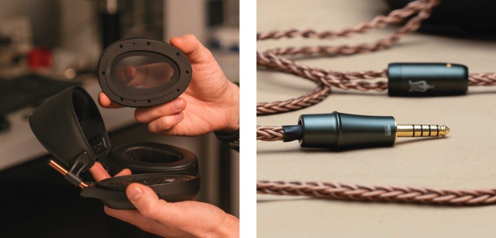 x2 thumbnails, human removing detachable earpad from Liric 2 and copper cable closeup