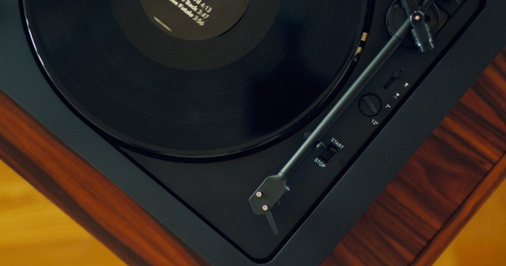 Pro-Ject A2 turntable bird's eye front right corner highlighting tonearm