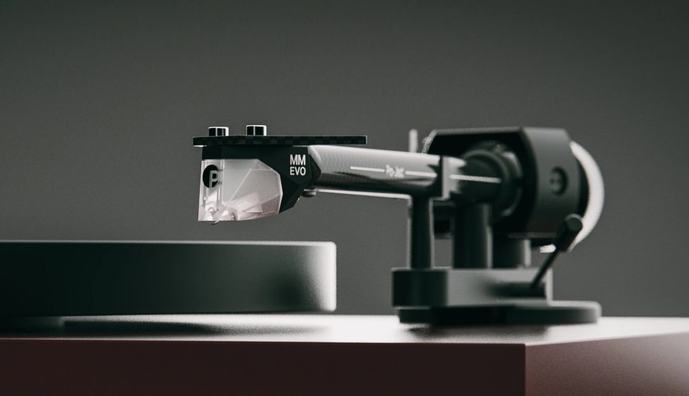 Pro-Ject Debut EVO 2 closeup of Pick it MM cartridge mounted on tonearm