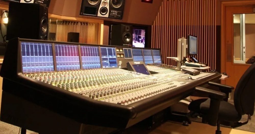 Recording studio quarter with monitors and mixing board