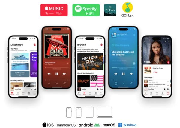 apps on multiple phones highlighting OS and streaming badges