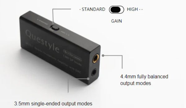 Questyle M15i front quarter diagram highlighting manual gain switch