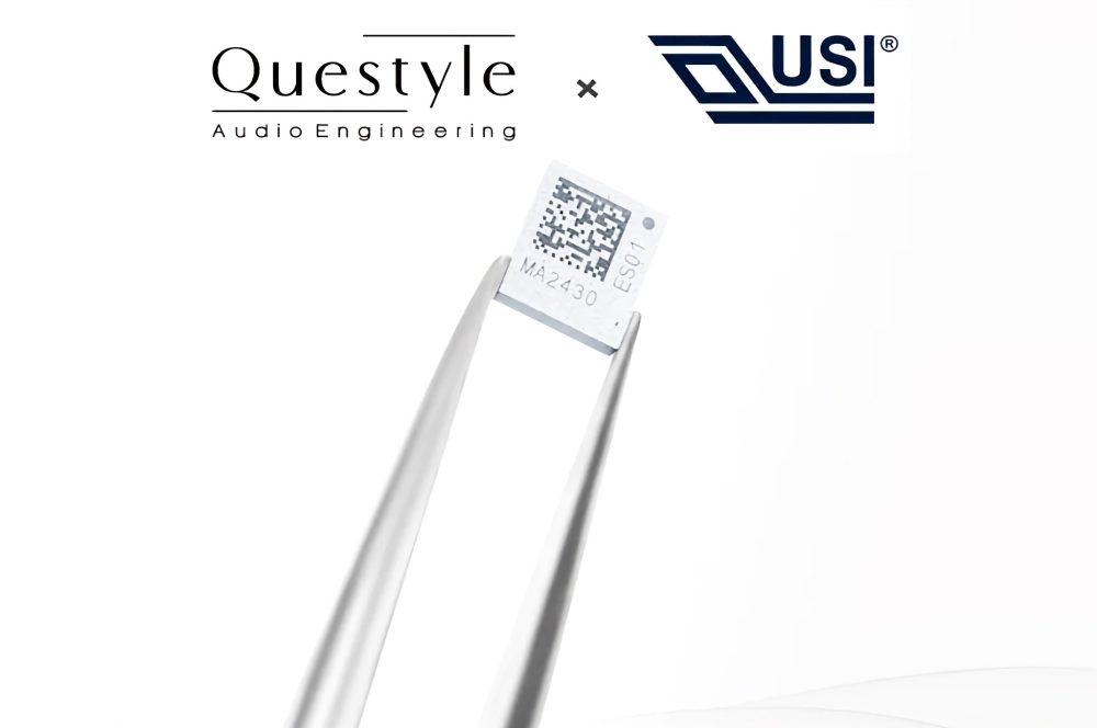 SiP chip held by tweezers with Questyle and USI logos