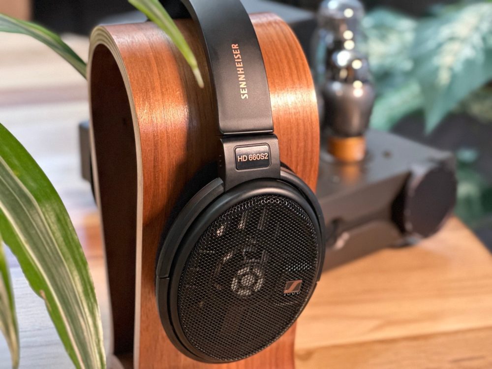 Sennheiser HD 660S2 on Omega headphone stand with tube amp