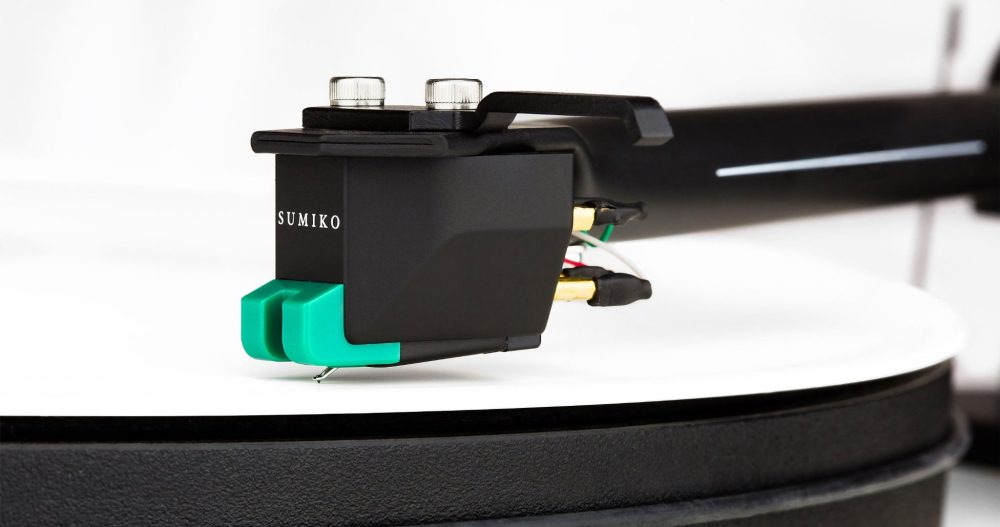 Sumiko Olympia phono cartridge mounted and engaged on turntable platter