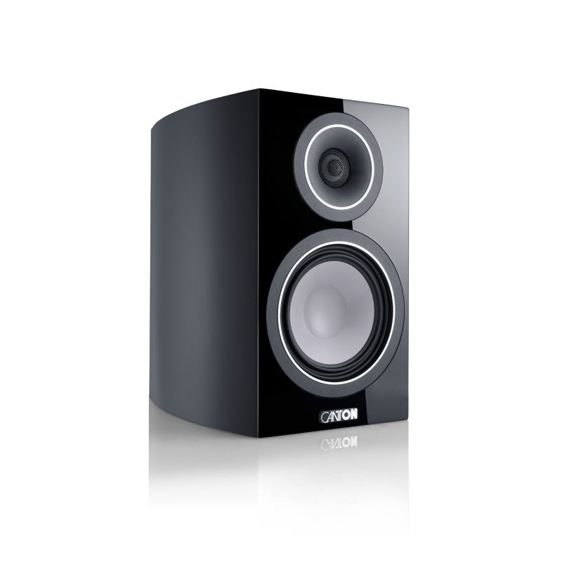 Canton Vento 20 bookshelf speaker black front 3 quarter over white background