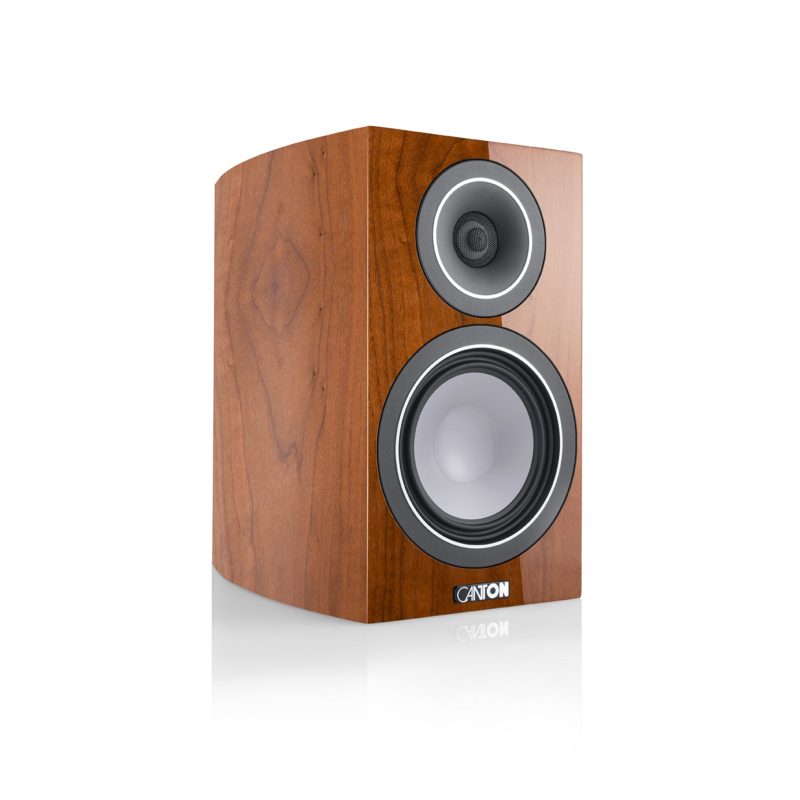 Canton Vento 20 bookshelf speaker natural walnut front 3 quarter over white background